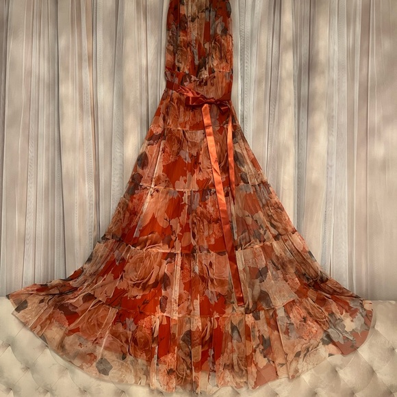 Copper color, flower print, long dress. - Picture 2 of 14
